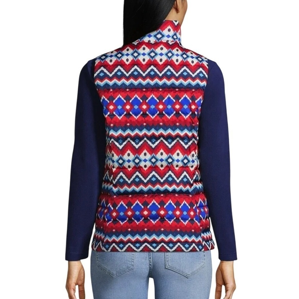 Lands' End Down Puffer Vest Women Sz Large Fair Isle Chevron Aztec Cozy Outdoors - Picture 7 of 15